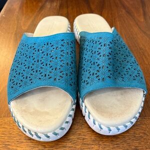 Ilse Jacobsen Blue and White Mules with Floral Perforation